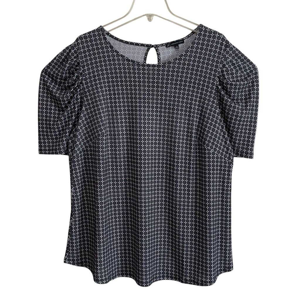 Adrianna Papell Blouse Top Women Sz 1X Black White Short Gathered Sleeve Stretch